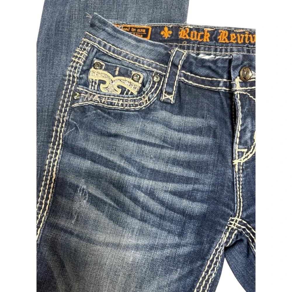 🤑Y2K‎ Rock Revival Jeans Bootcut Thick White Stitching Denim Bling Pockets 27 - Picture 6 of 9